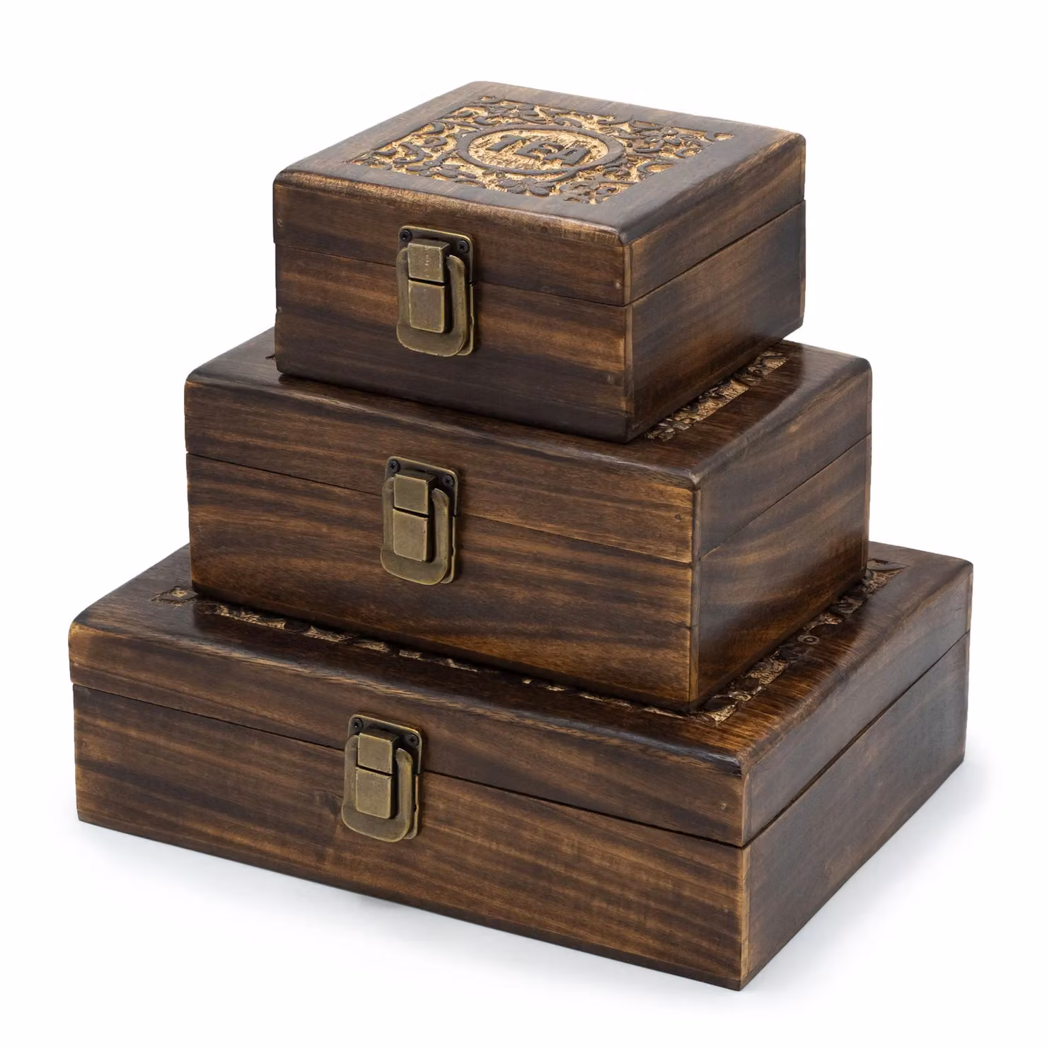 KDMD Brown Mango Wood Carved Tea Box with 4 Compartments – 2