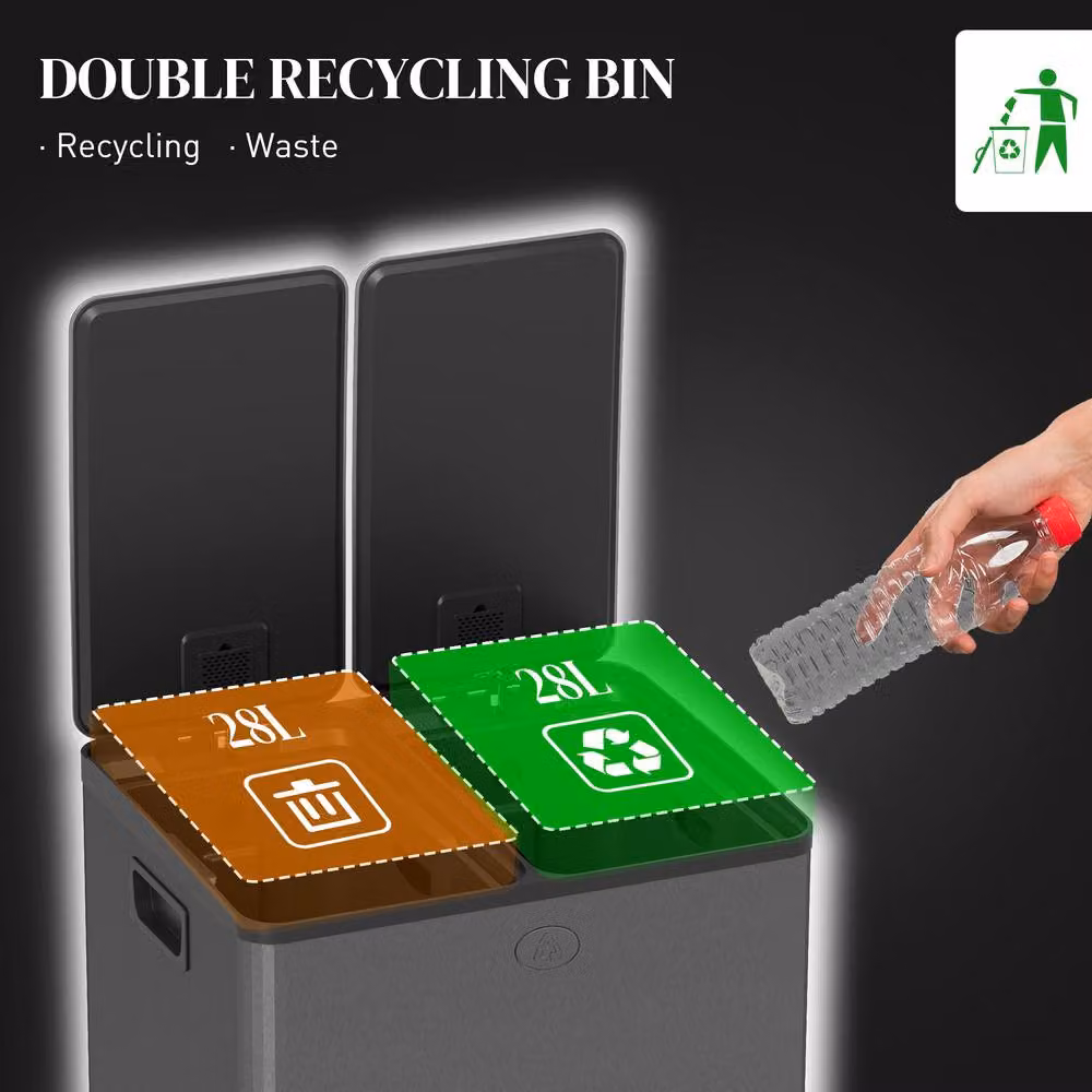 HOMCOM Dual Kitchen Pedal Bin with Soft Close Lids and Odour Filter, Black Stainless Steel, 2 x 28L – 8