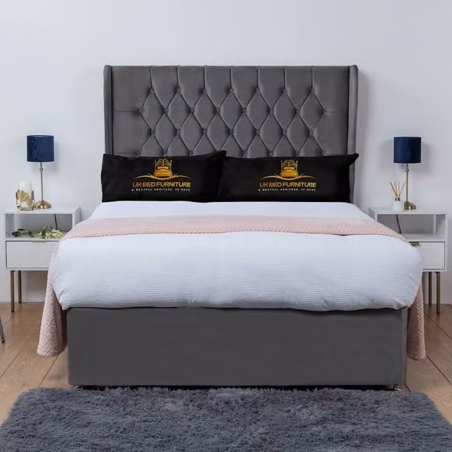 UK Bed Furniture Mary Winged Divan Bed Base with 54 Inch Buttoned Headboard, Anthracite Grey Velvet Fabric, W/D/H: 180 x 200 cm