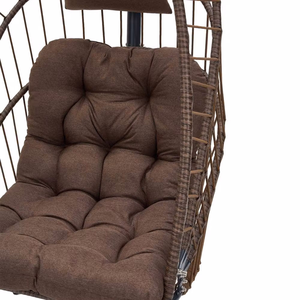 Living and Home Brown Hanging Egg Chair with Cushion and Headrest featuring Rattan and Metal Frame – 6