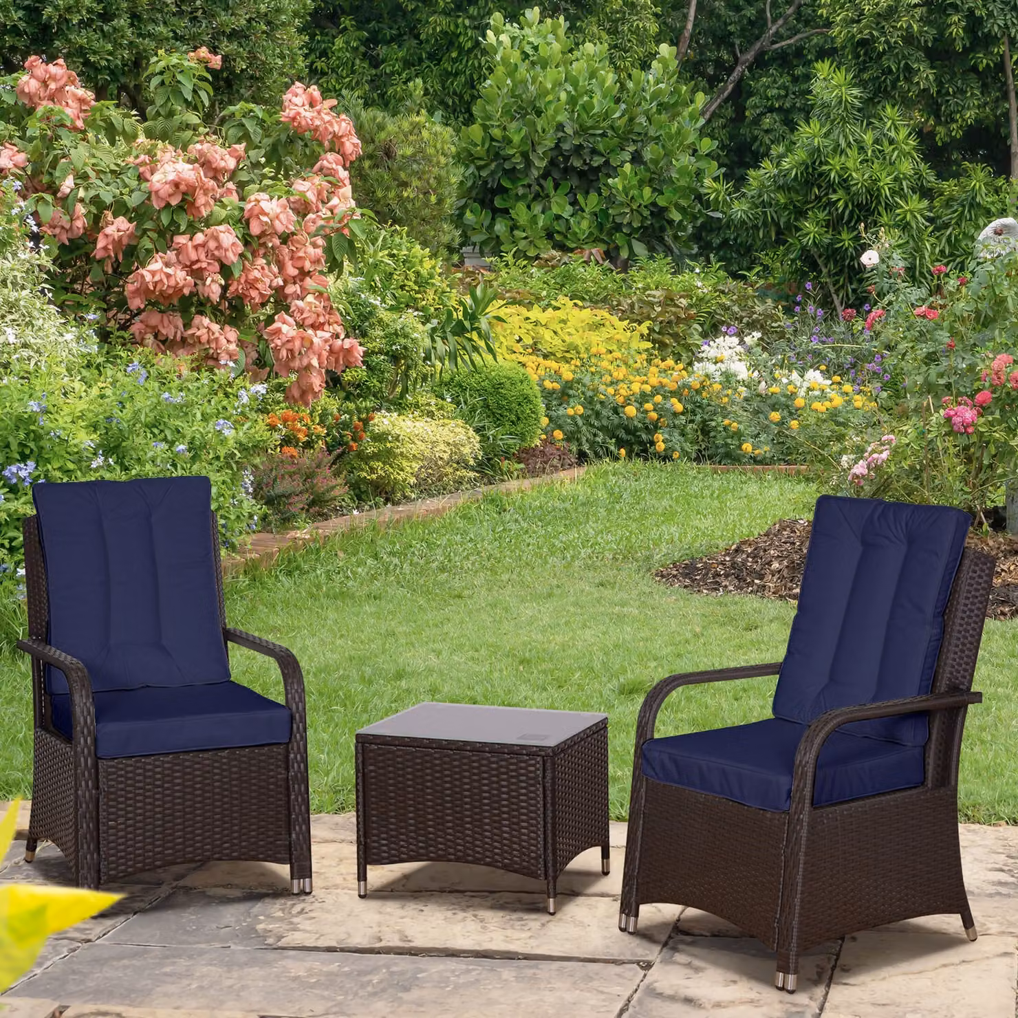 Outsunny 3 Piece Outdoor Rattan Bistro Set in Blue with Powder Coated Steel Frame and Glass Top Coffee Table – 2