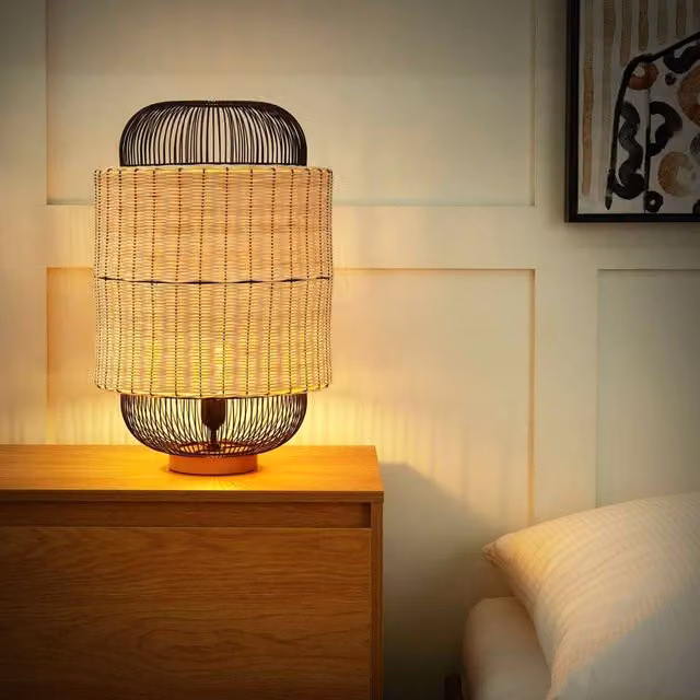 Wyld and Coco Natural Rattan Table Lamp with Black Metal Cage Shade – 1