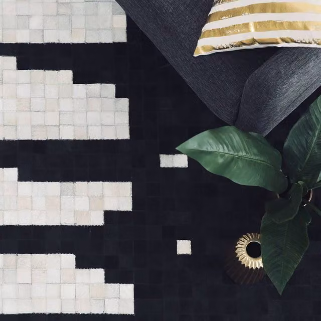 Wyld and Coco Couture Handcrafted Geometric Cowhide Rug in Black and White, W: 80 cm, L: 150 cm