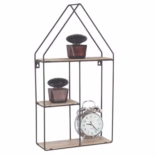 Core Products Loft Wire House Shaped Wall Mounted Display Shelf with Black Metal Frame and Wood Effect Finish, W/D/H: 30 x 10 x 56 cm