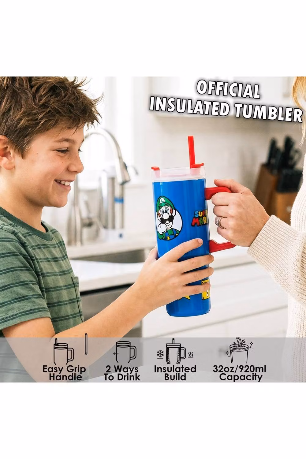 Get Trend Super Mario Insulated Stainless Steel Tumbler with Straw and Handle, Blue, 920ml – 8