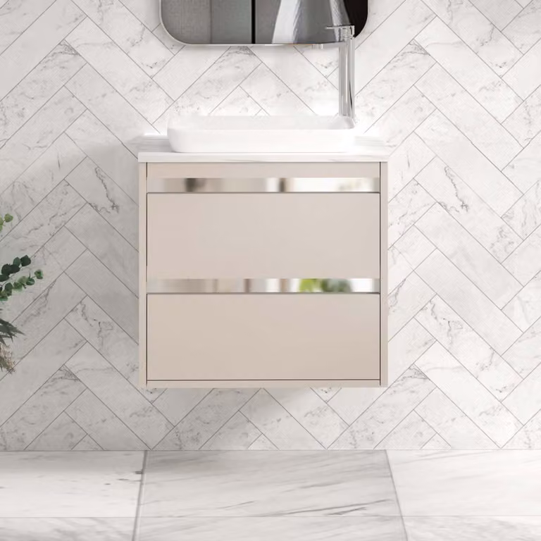 Royal Bathrooms Orion 600mm Wall Hung Vanity Unit with Qubix Basin in Warm Taupe and White with 2 Drawers and Chrome Accent Trim