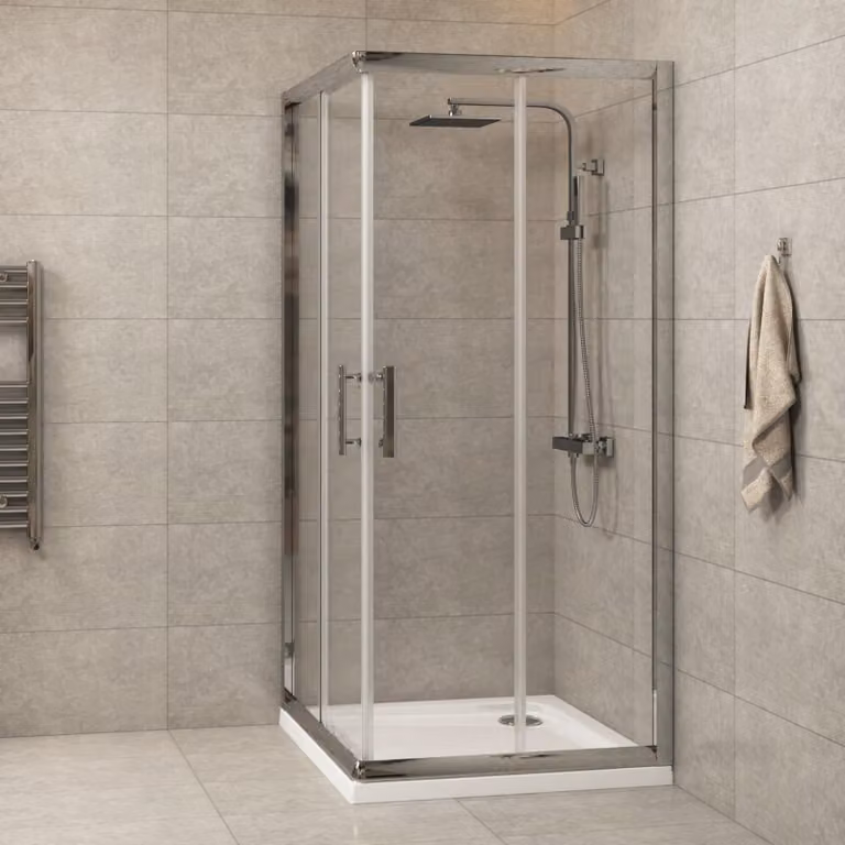 Royal Bathrooms Plaza Square Corner Entry Shower Enclosure with Sliding Door, Transparent Glass and Silver Finish, W/D: 80 x 80 cm, H: 185 cm