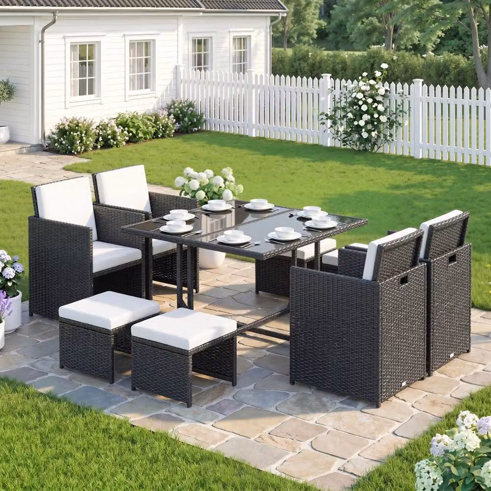OUTSUNNY 8 Seater Cube Rattan Garden Furniture Dining Set with Cushions in Black – 2