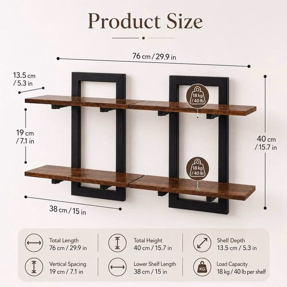 VOGREX Brown Industrial Wall Mounted Shelves, 2-Piece Metal and Wood Set – 2