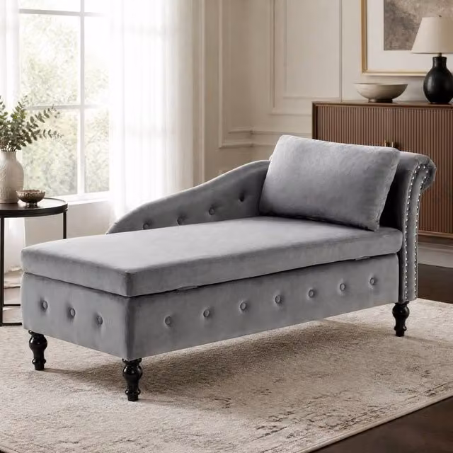 STILVORA Grey Velvet Chaise Lounge Sofa with Storage and Scatter Cushions – 1