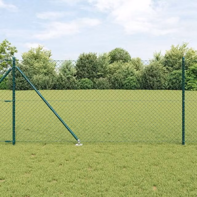Berkfield Home Green Galvanised Steel Chain Link Fence with 7 Spike Posts, W: 10 m, H: 1 m