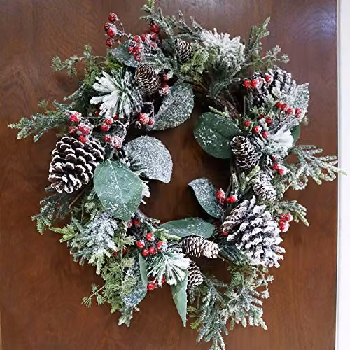 Shatchi Frosty Green Christmas Wreath with Mixed Leaves and Flowers, Diameter: 60 cm – 5