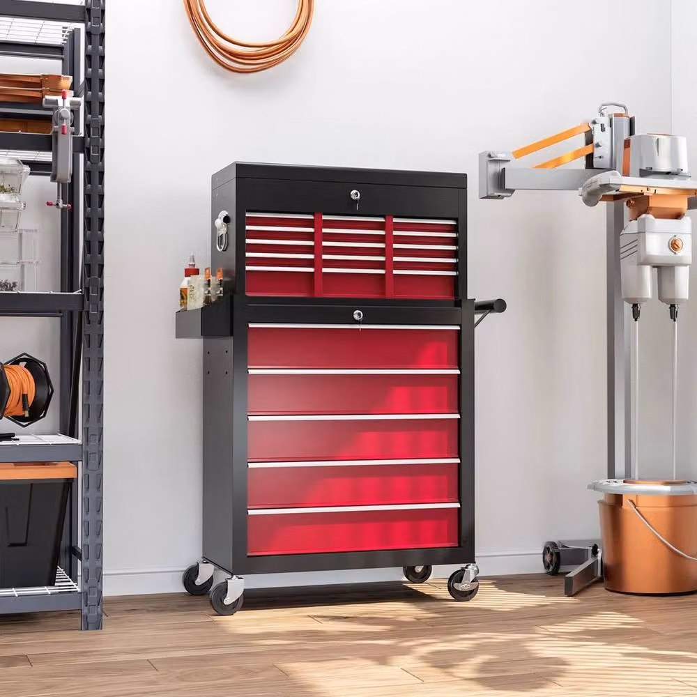 NESTLUNE Lockable Roller Tool Chest Cabinet in Red, W: 100 cm, D: 33 cm, H: 75 cm – 3