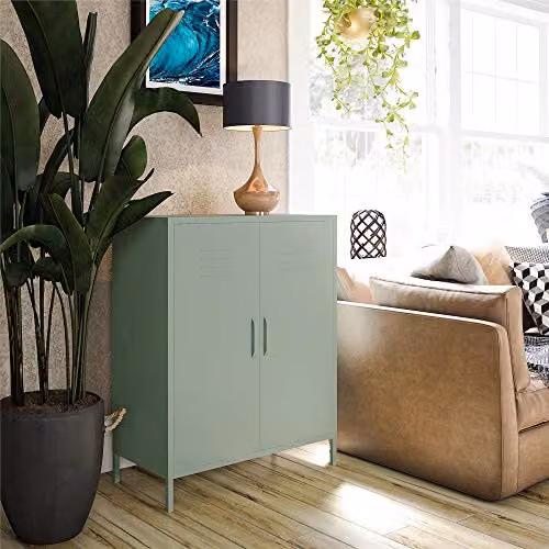 Mission District Modern Green Lacquered Storage Cabinet with 2 Hinged Doors, W/D/H: 80 x 40 x 102 cm – 2
