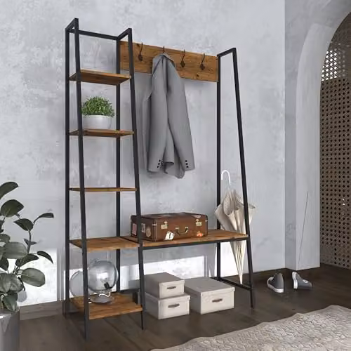 LPD Home Ealing Industrial Hallway Unit with Bench and Hooks in Black and Brown Wood Effect, W/D/H: 171 x 40 x 111 cm – 2