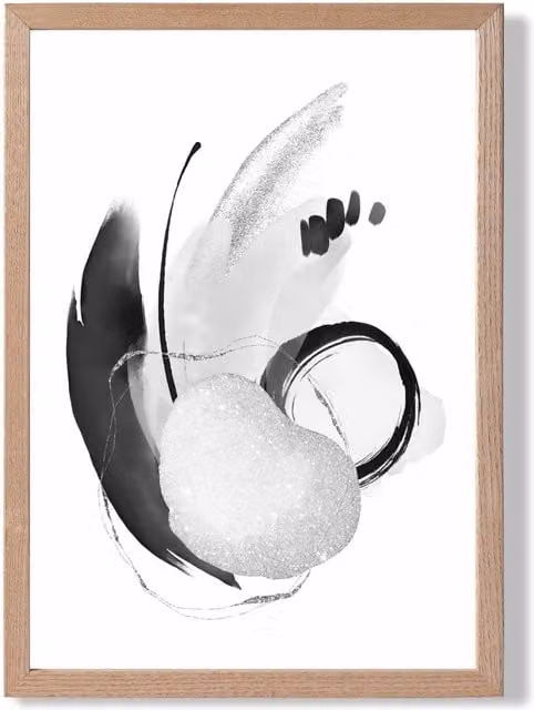 ARTZE Abstract Black and White Watercolour Shapes Framed Print with Oak Frame, A3