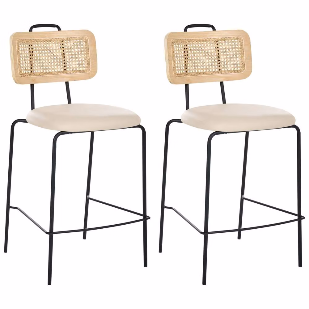 Wyld and Coco Set of 2 Light Beige Faux Leather Bar Chairs with PE Rattan Back – 2