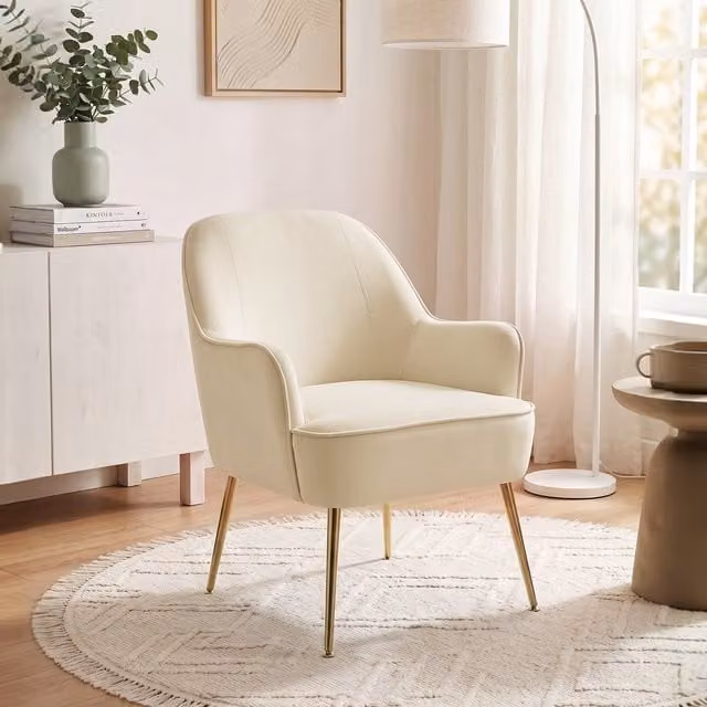 Livingandhome Modern White Velvet Tub Armchair with Gold Accents