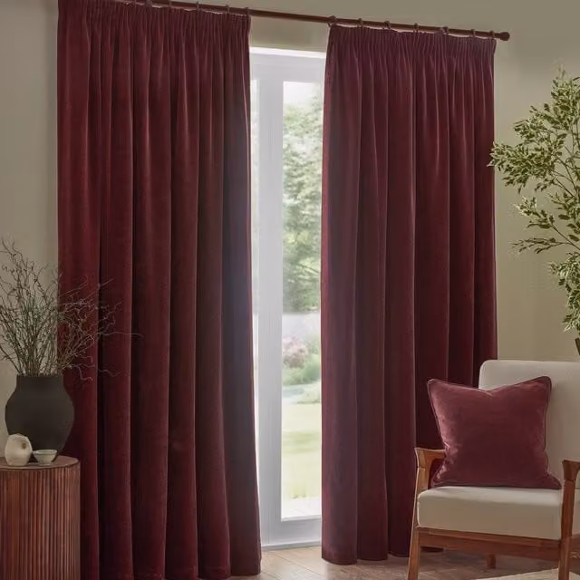 Yard Heavy Chenille Velvet Pencil Pleat Blackout Curtains in Red, Width: 228 cm, Drop: 228 cm