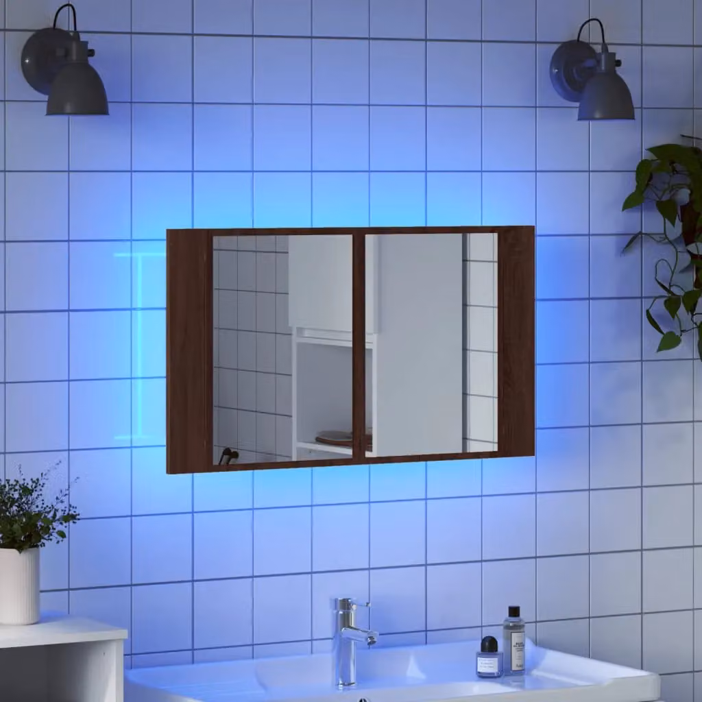 Berkfield Home LED Bathroom Mirror Cabinet in Brown Oak, W: 80 cm, D: 12 cm, H: 45 cm – 4