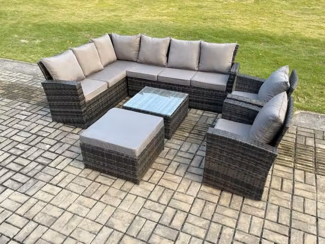 Fimous Rattan Garden Furniture Set in Dark Grey with Corner Sofa, Square Coffee Table, Big Footstool and 2 Armchairs