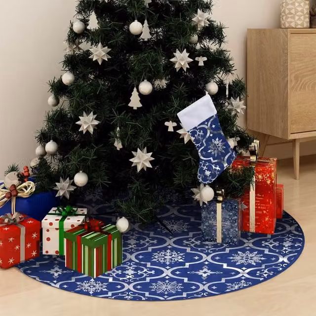 Berkfield Home Luxury Christmas Tree Skirt with Sock in Blue, Diameter: 122 cm