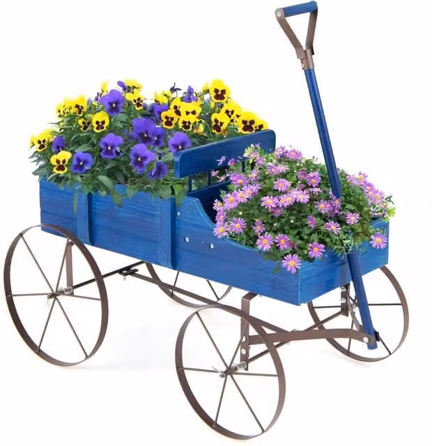 Gymax Blue Wood and Metal Decorative Wagon Flower Planter with Wheels, W/D/H: 62 x 34 x 60 cm – 1