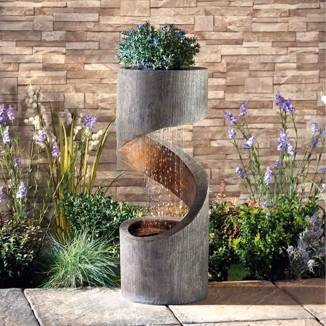 Serenity Cascade Spiral Rainfall Water Feature with Planter in Grey