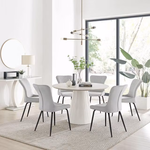 Furniturebox Palma Beige Stone Effect Round Dining Table and 6 Nora Black Leg Chairs in Light Grey