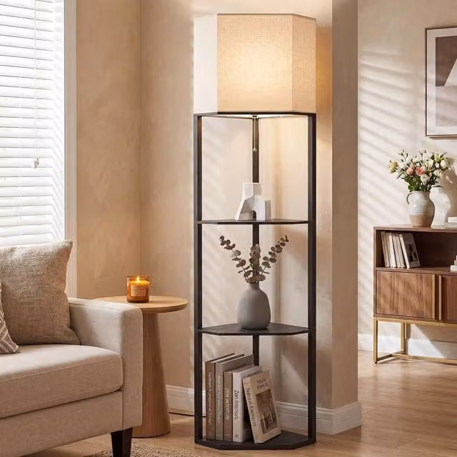 EONLION Modern Black Corner Floor Lamp with Shelves and Beige Fabric Shade – 1