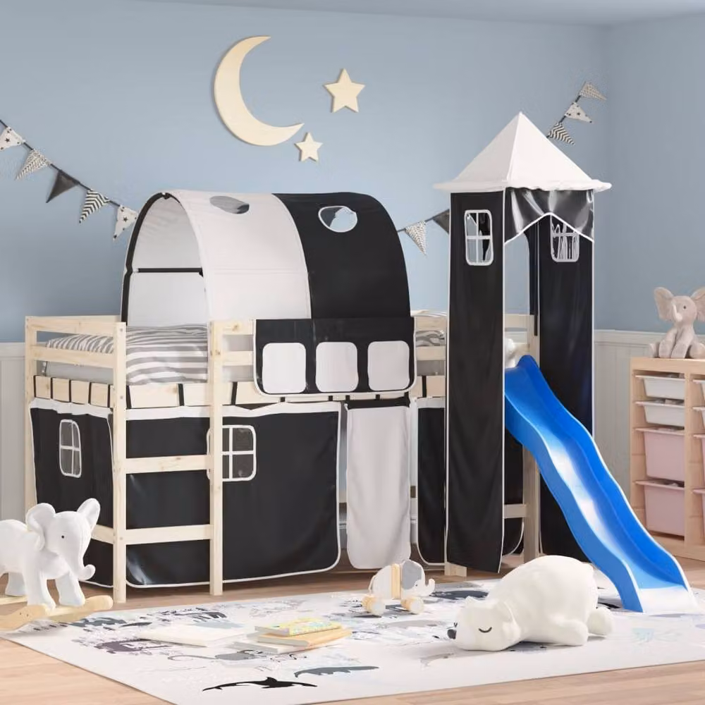 Berkfield Home Durable Opaque Loft Bed Curtains with Tunnel and Tower in White and Black – 2