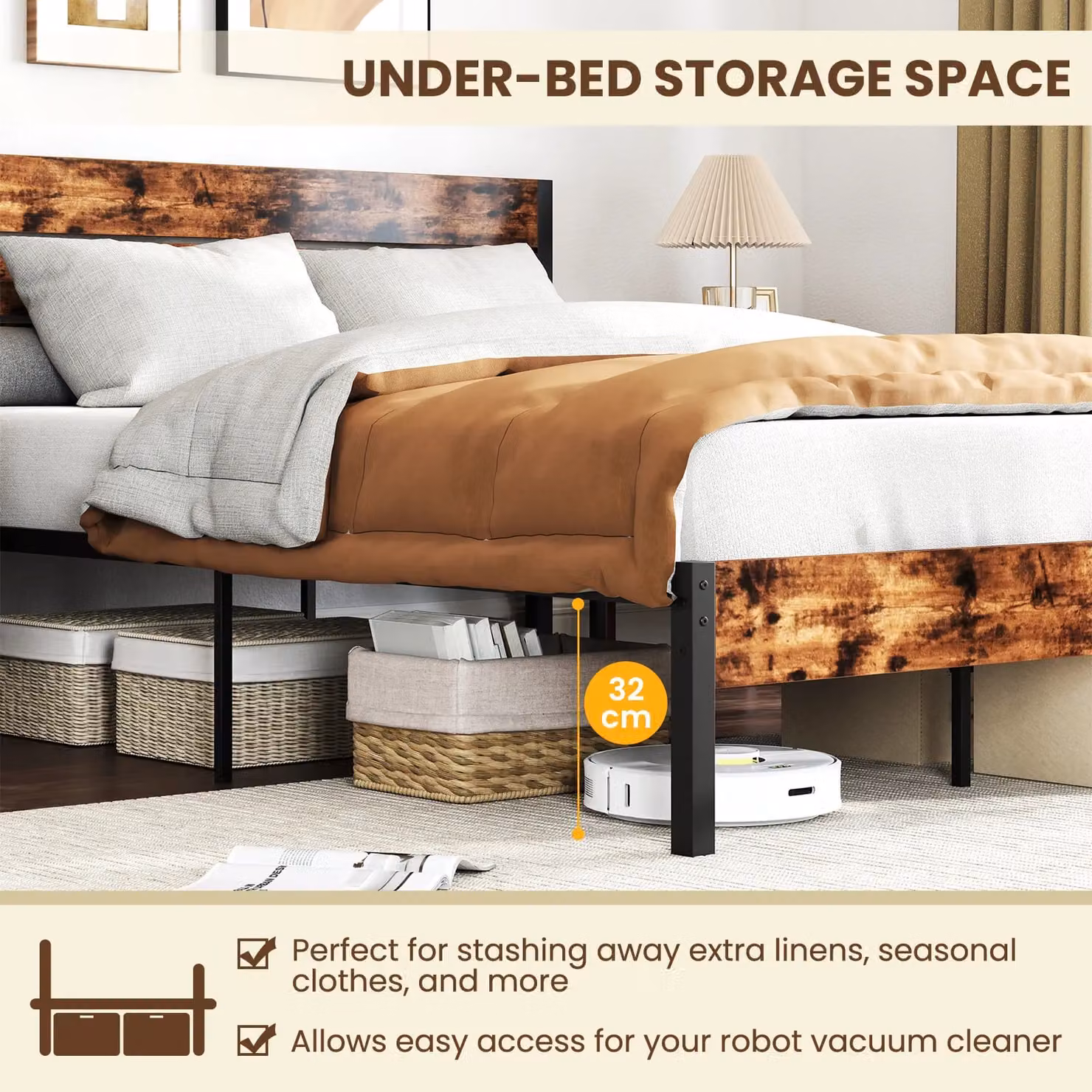 Gymax Double Metal Platform Bed Frame with High Headboard, Brown, W/D/H: 140 x 200 cm – 8
