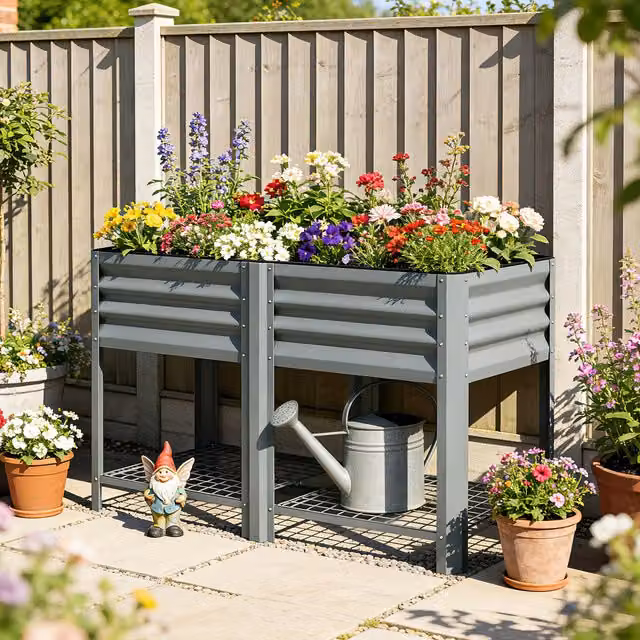 Outsunny Raised Garden Bed with Storage Shelf in Grey Metal
