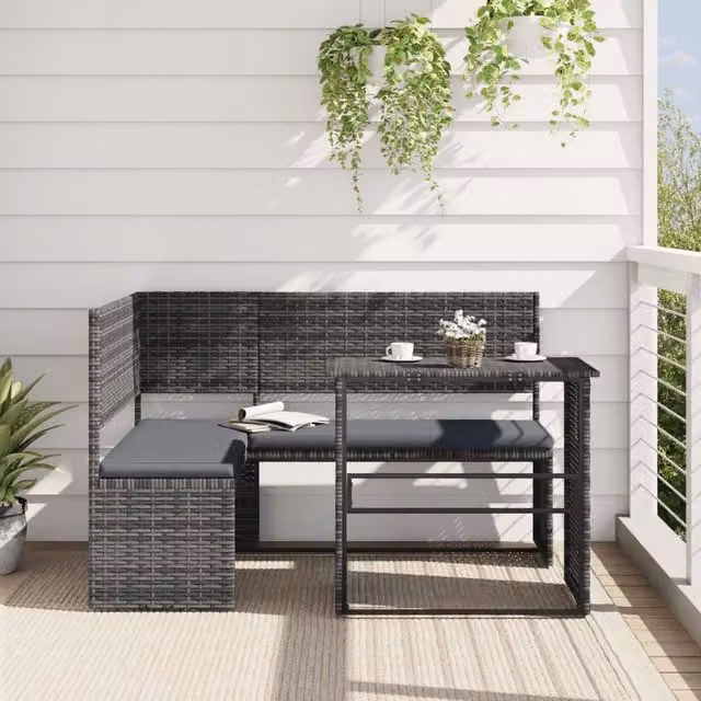 Berkfield Home L-Shaped Grey Poly Rattan Garden Sofa Set with Table and Cushions – 1