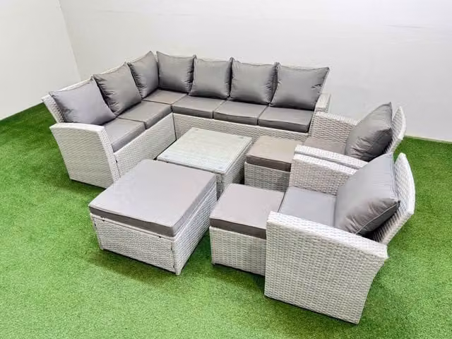 Fimous 11 Seater L-Shape Garden Corner Sofa Set in Light Grey with Coffee Table and 3 Ottomans