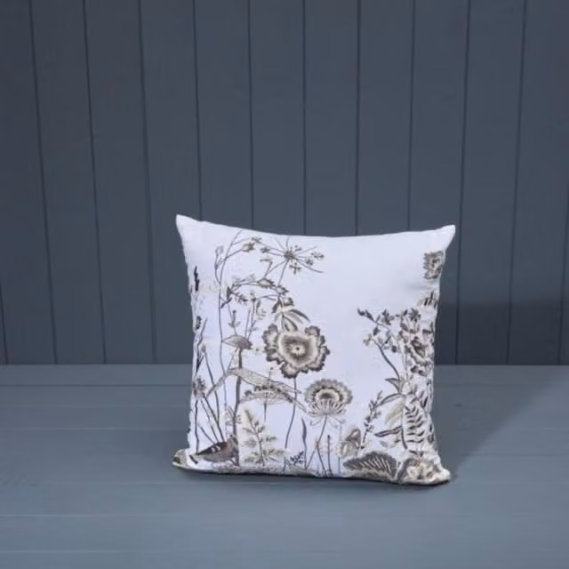 KDMD White Floral Embroidered Cotton Square Cushion with Filling