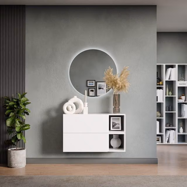 Decorotika Saka Wall Mounted Entertainment Center in High Gloss White with LED Lighting