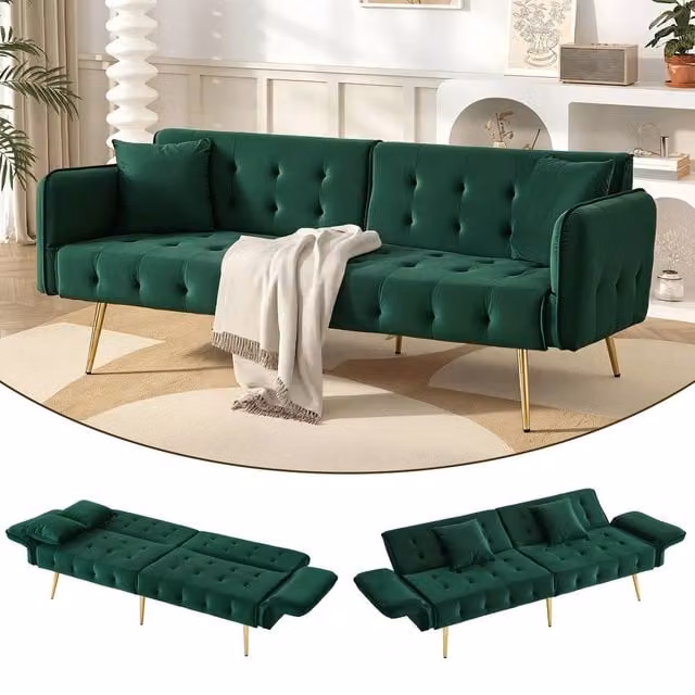 BTM 2 Seater Velvet Folding Sleeper Sofa Bed in Green with Adjustable Headrest and Solid Wood Frame