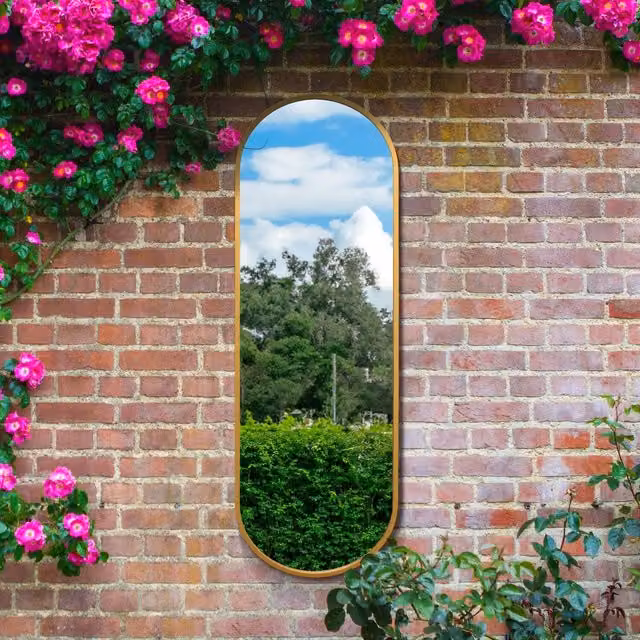 MirrorOutlet Vultus Double Arched Metal Framed Garden Wall Mirror in Gold, Height: 180 cm