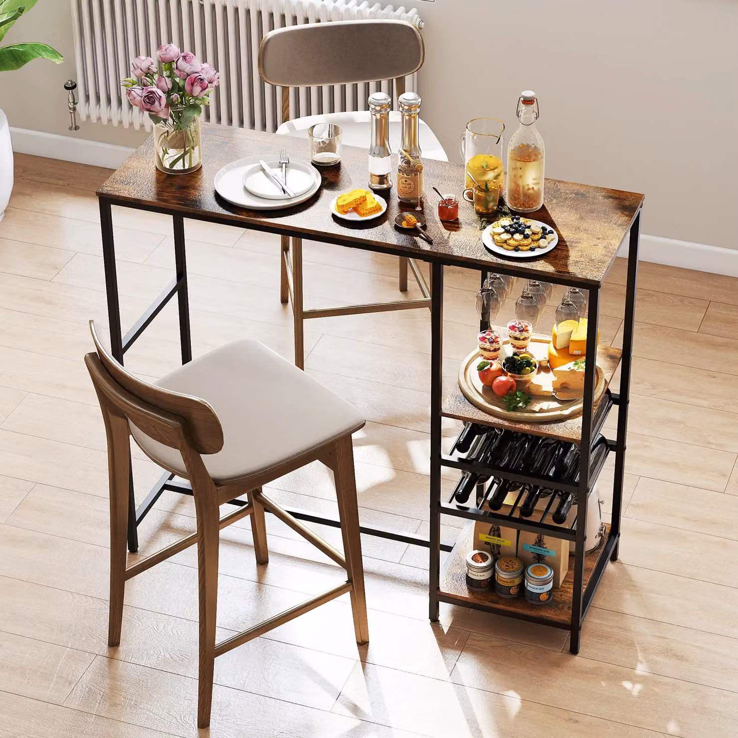 Gymax Rustic Brown Bar Table with Glass Top and Serving Shelves – 5