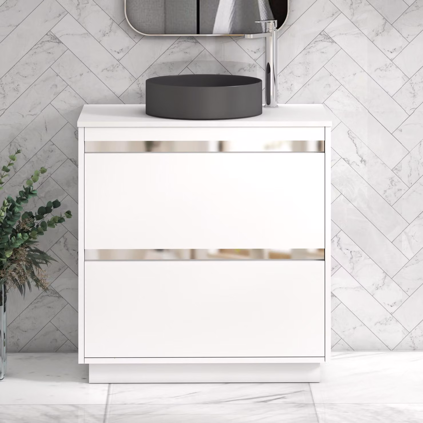 Royal Bathrooms Orion 800mm Matt White Floor Standing 2 Drawer Vanity Unit with Art Round Basin and Chrome Accent Trim