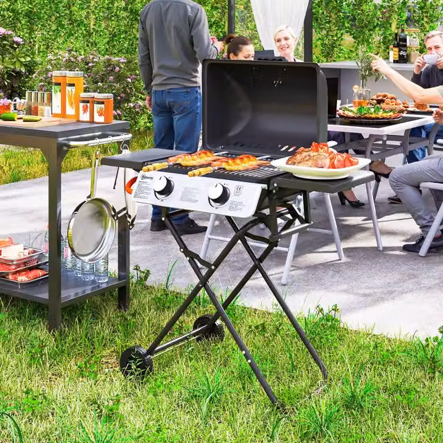 Outsunny Portable Foldable Gas BBQ Grill with Side Tables and Thermometer, Black