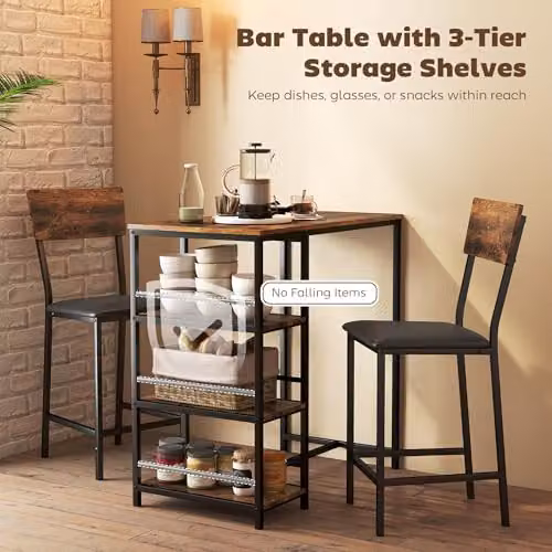 HOMCOM 3 Piece Industrial Breakfast Bar Table Set with Storage and Padded Seats in Rustic Brown – 3