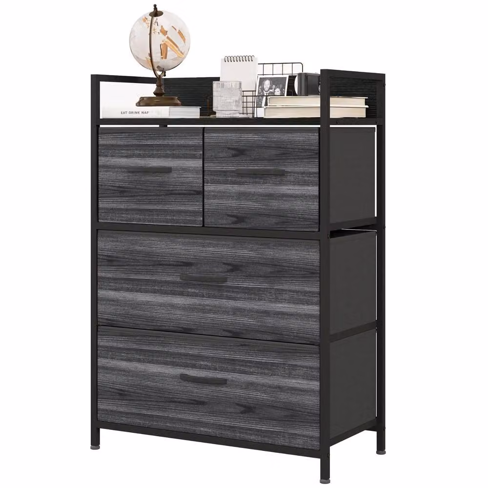 FURNOS Industrial 4 Fabric Drawer Chest Storage Unit with Shelftop, Black, H: 85 cm x W: 60 cm x D: 29 cm – 6