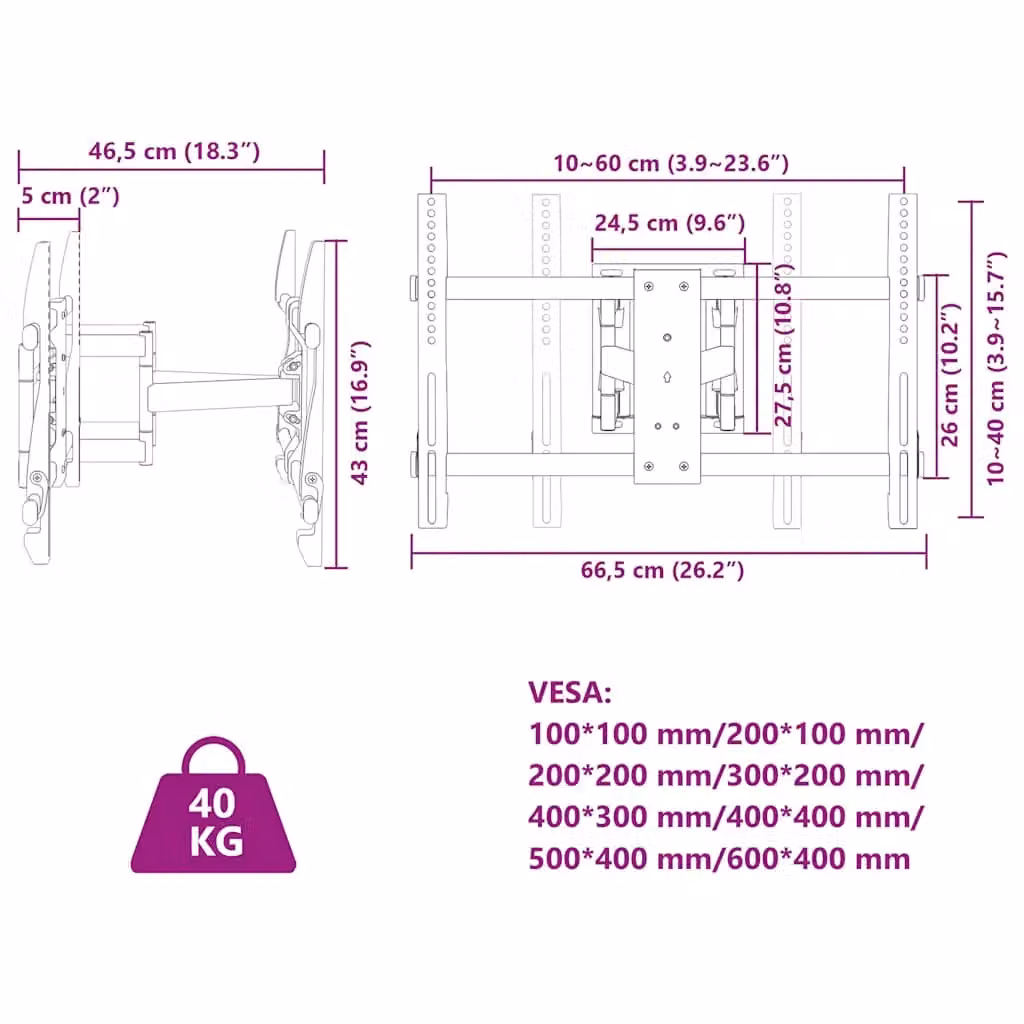 Berkfield Home Black Steel Wall Mounted TV Mount for 37-80 Inch Screens, Max VESA 600x400 mm, 40kg Capacity – 6