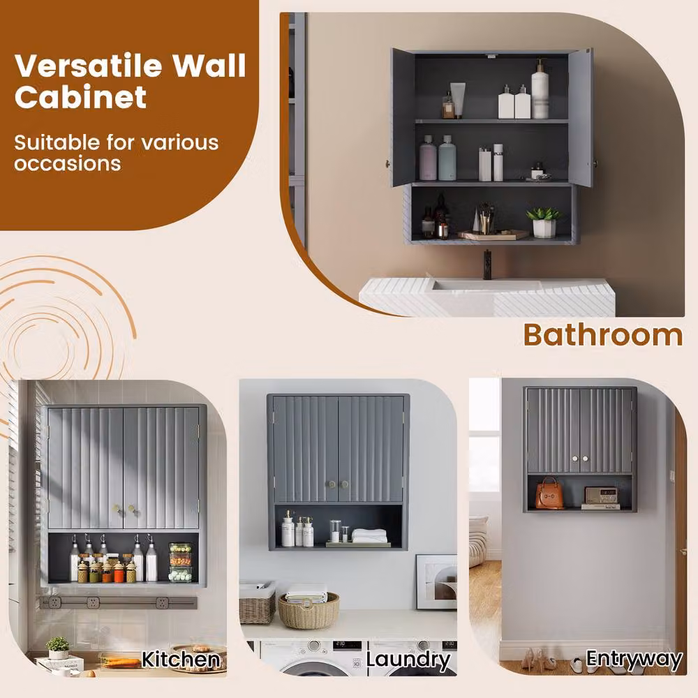 Costway Modern Fluted Double Door Bathroom Wall Cabinet in Grey Matt – 7