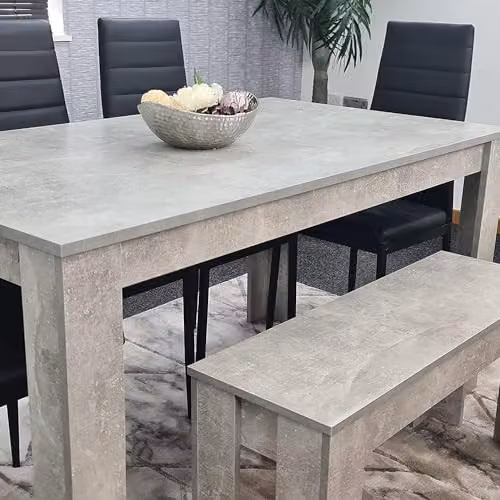 KOSY KOALA Modern 6 Seater Dining Set with Grey Stone Effect Table, 1 Bench and 4 Black Faux Leather Chairs, W/D/H: 117 x 77 x 75 cm – 5