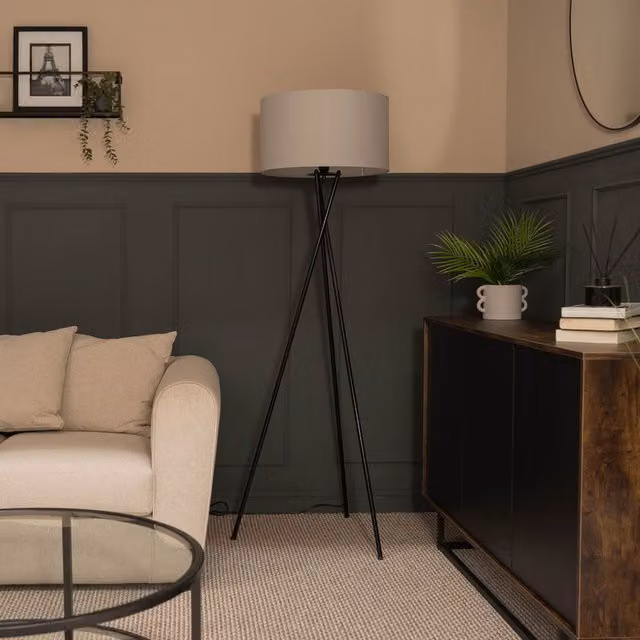 ValueLights Camden Tripod Floor Lamp with Grey Fabric Drum Shade