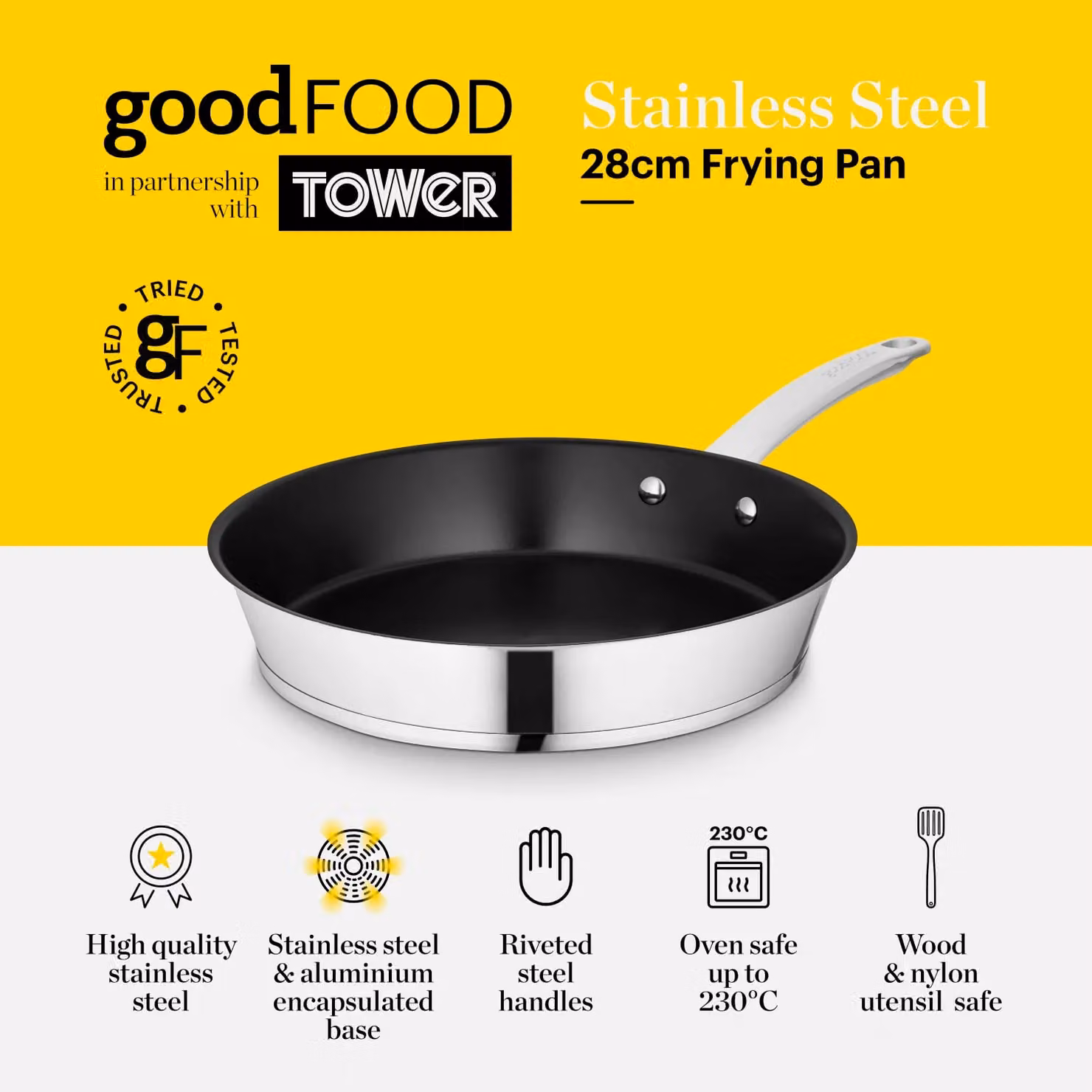Tower GF900262 Silver Ceramic Frying Pan, 28 cm – 2
