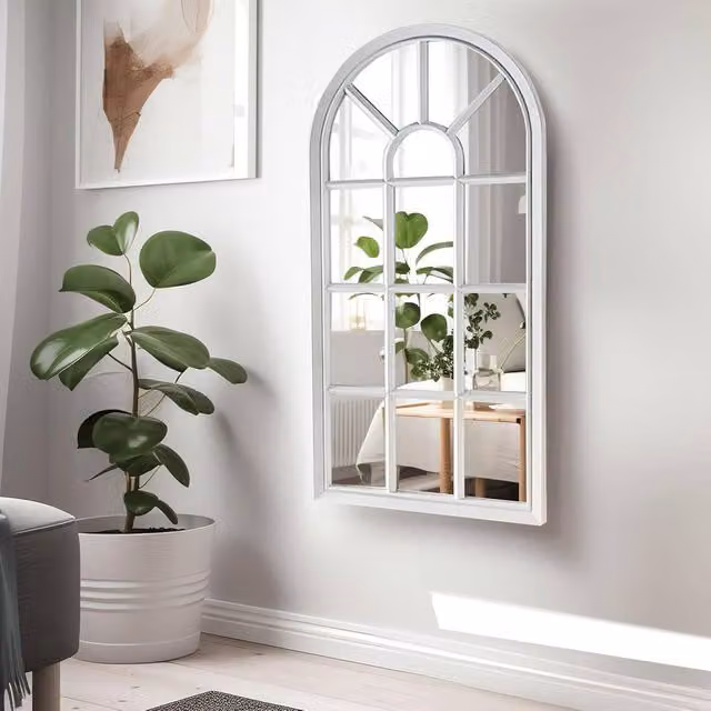 BARGAINS-GALORE White Window Style Shabby Chic Wall Mirror with Glass and Wood Panel Decor, Width: 70 cm